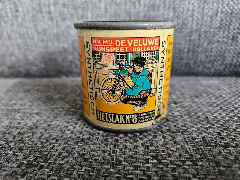Vintage blikje fietslak N.V. Mij. De Veluwe Nunspeet, Verzamelen, Blikken, Ophalen of Verzenden, Zo goed als nieuw, Overige