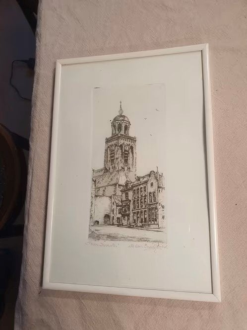 Ets Toren Deventer C.M. v. d. Woerd., Antiek en Kunst, Kunst | Etsen en Gravures, Ophalen
