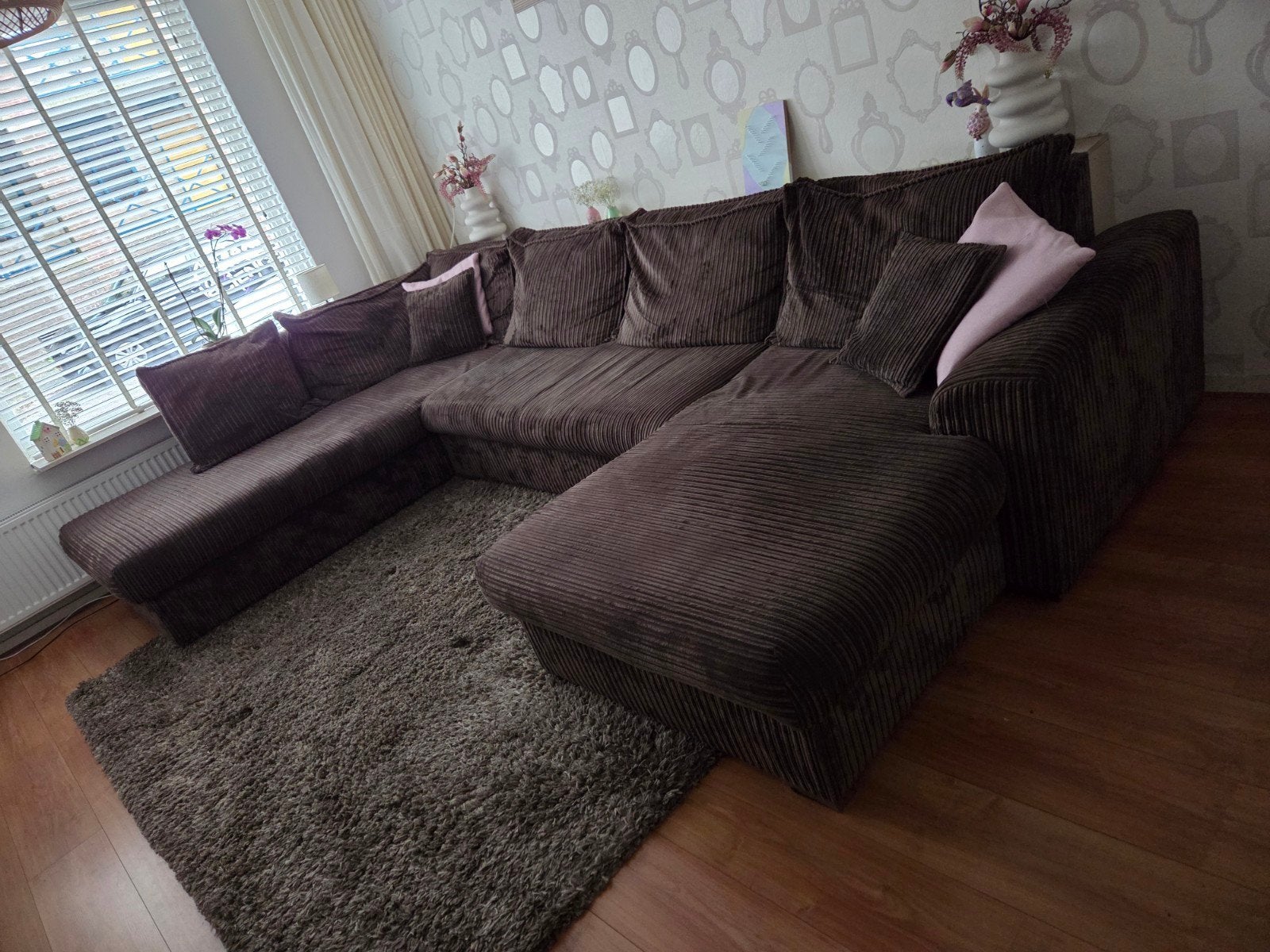 Prachtige bruine U-bank van rib stof, Huis en Inrichting, Ophalen, Stof