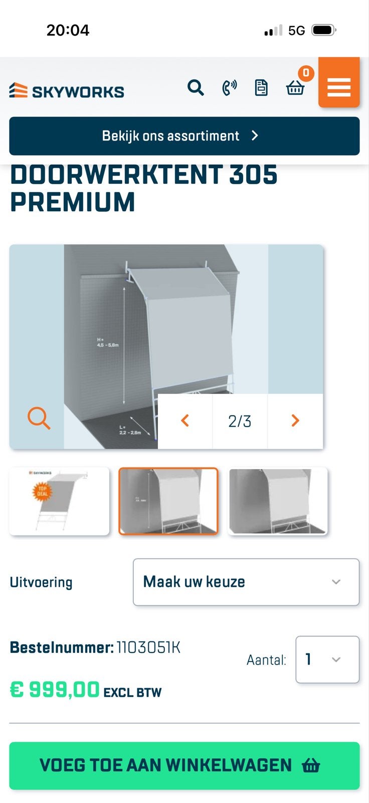 Skyworks Doorwerktent 2 x 305  Premium, Ophalen, Gebruikt