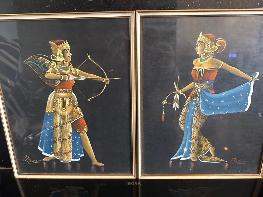 Set van 2 Balinese schilderijen - Danser en Boogschutter, Antiek en Kunst, Ophalen of Verzenden