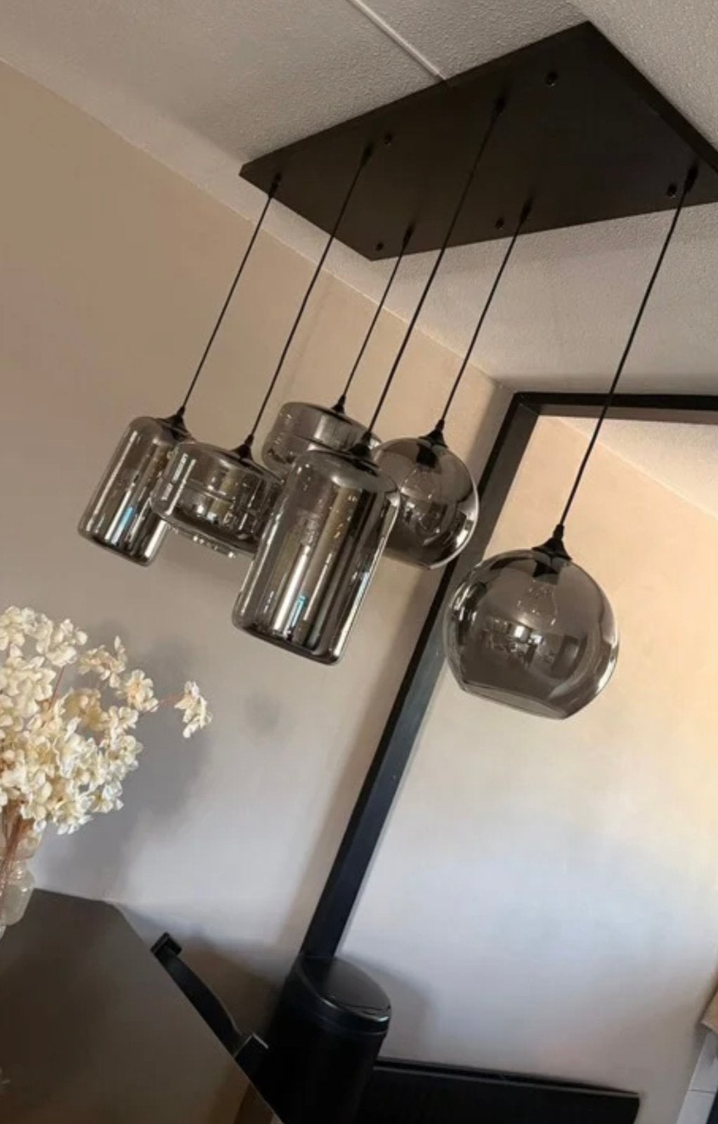 HANGLAMP EETTAFEL LAMP ERIC KUSTER 6 LICHTS MIX SMOKE LAATST, Huis en Inrichting, Ophalen of Verzenden, Zo goed als nieuw, 75 cm of meer