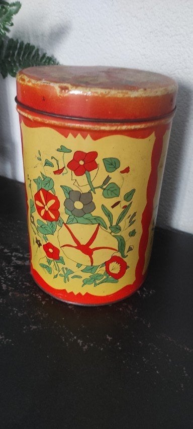 Vintage oranje blik met bloemen, Ophalen of Verzenden, Gebruikt, Overige, Overige merken