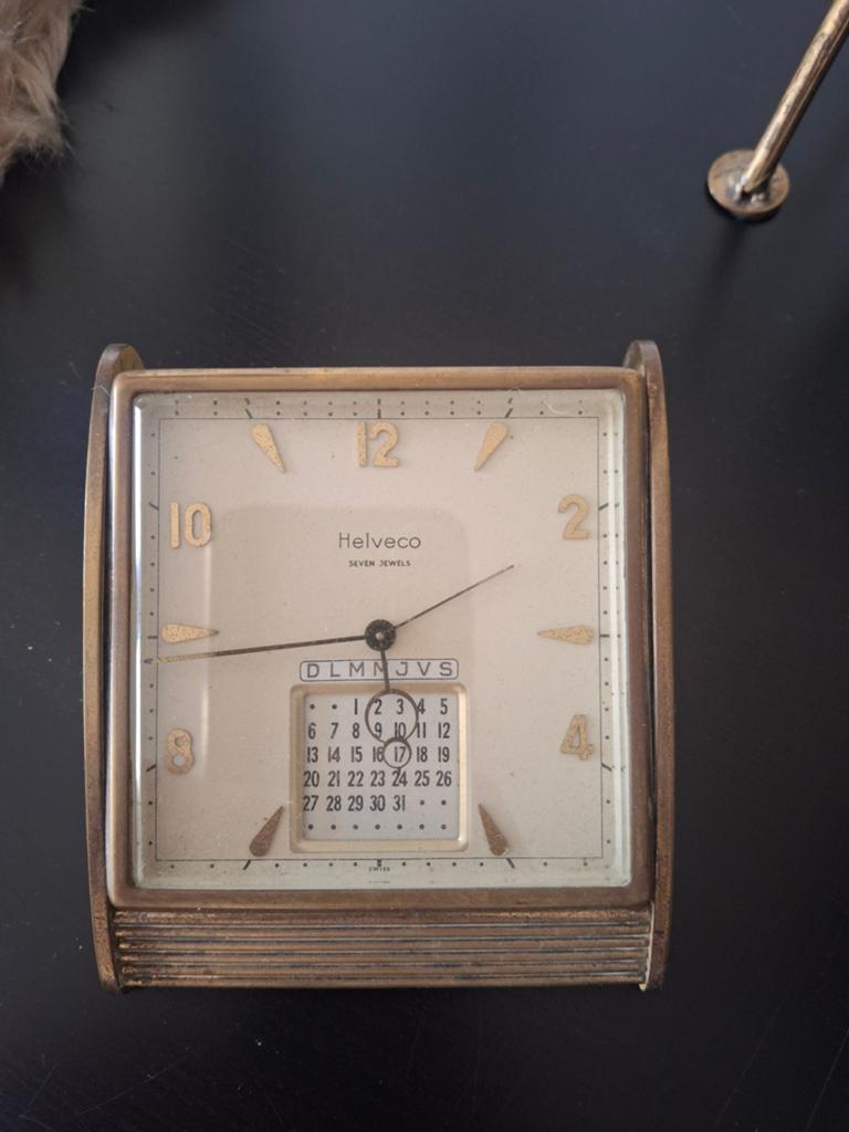 Vintage Helveco Tafelklok met Kalender - 7 Jewels, Ophalen of Verzenden