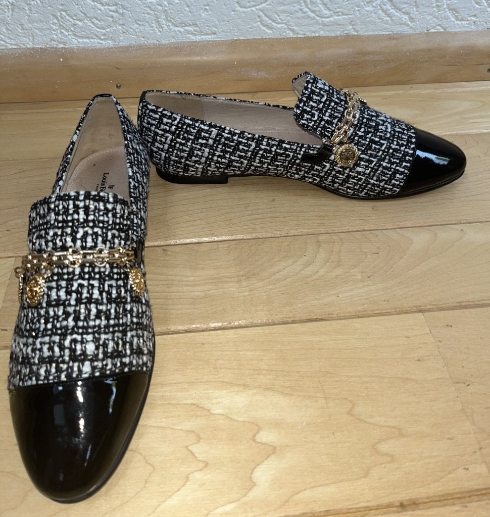 Louis Féraud loafers maat 41 zwart wit tweed lakleer goud, Verzenden, Zo goed als nieuw, Louis Feraud, Instappers