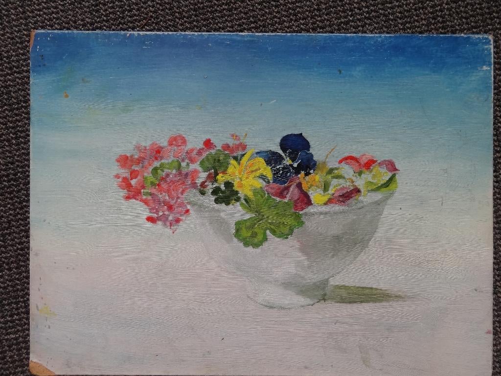 Olieverf stilleven, kom, geschilderd op board, 30 x 40 cm, Verzenden