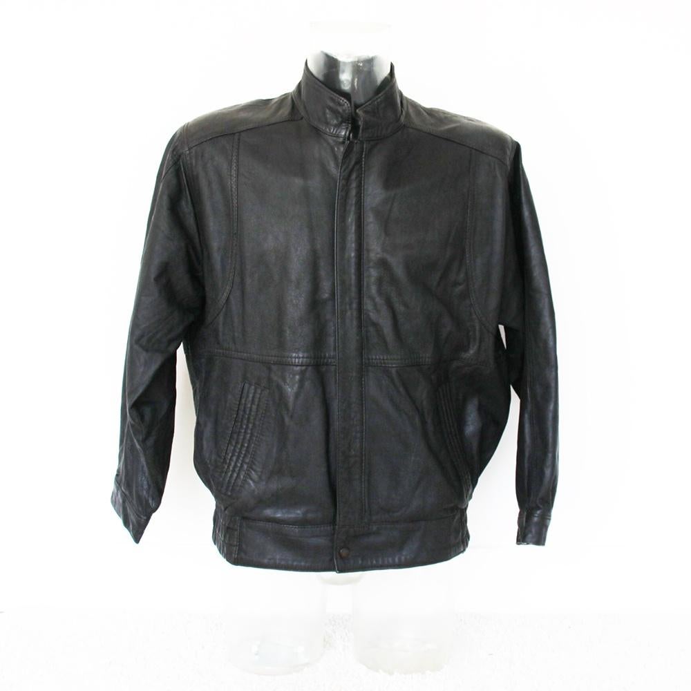 Zwart Lederen Heren Jas28* (Maat 52) € 50,-, Maat 52/54 (L), Zwart, Vintage, Ophalen of Verzenden