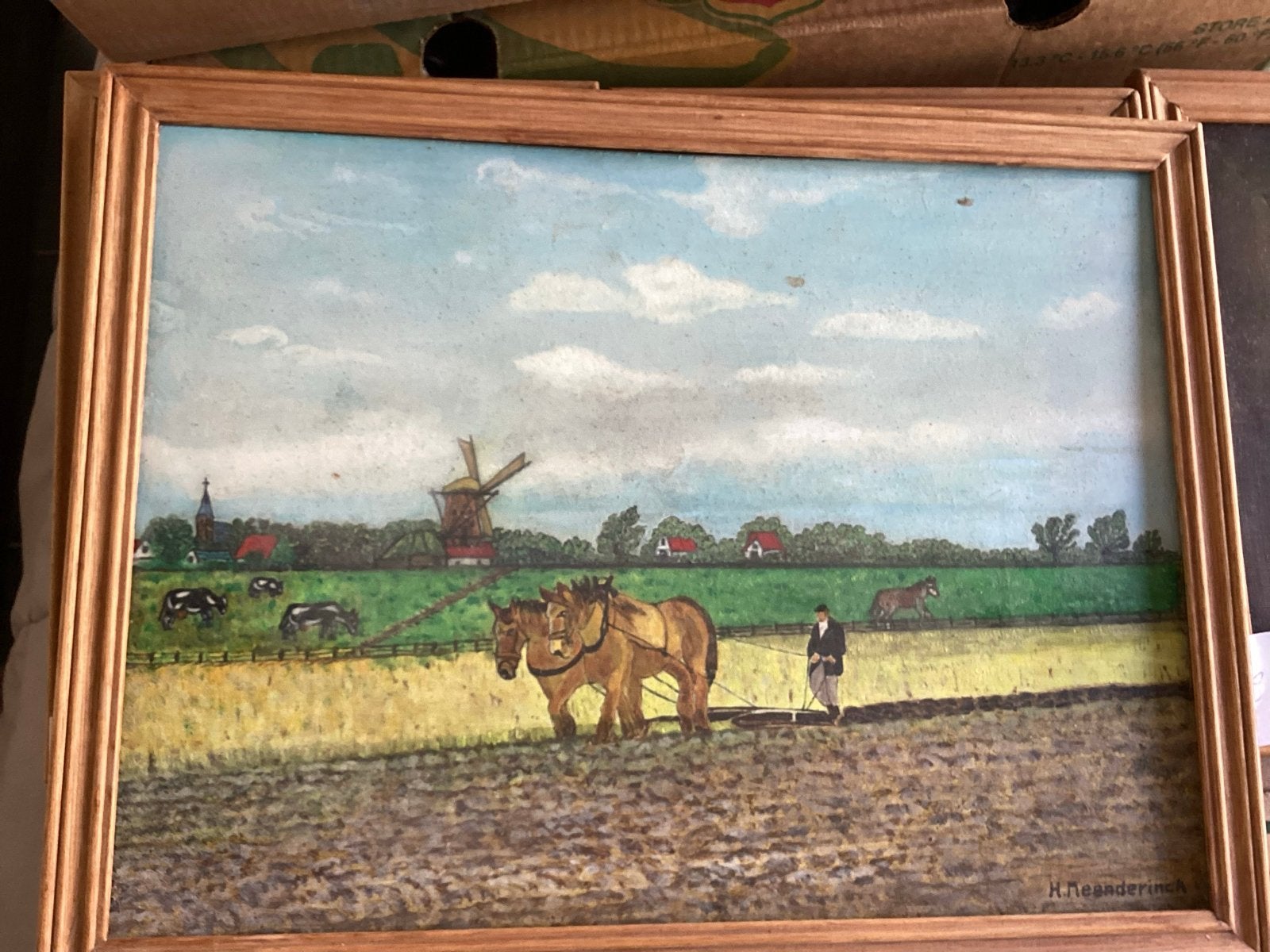 Oud Hollands Landschap met Molen en Ploegende Boeren, Antiek en Kunst, Kunst | Schilderijen | Klassiek, Nederlandse school, Doek
