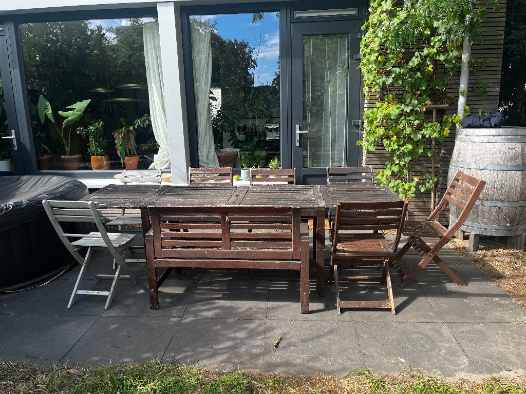 IKEA Äpplarö uitschuifbare tuintafel met 8 stoelen en bank, Ophalen, Gebruikt, Bank, Meer dan 8 zitplaatsen
