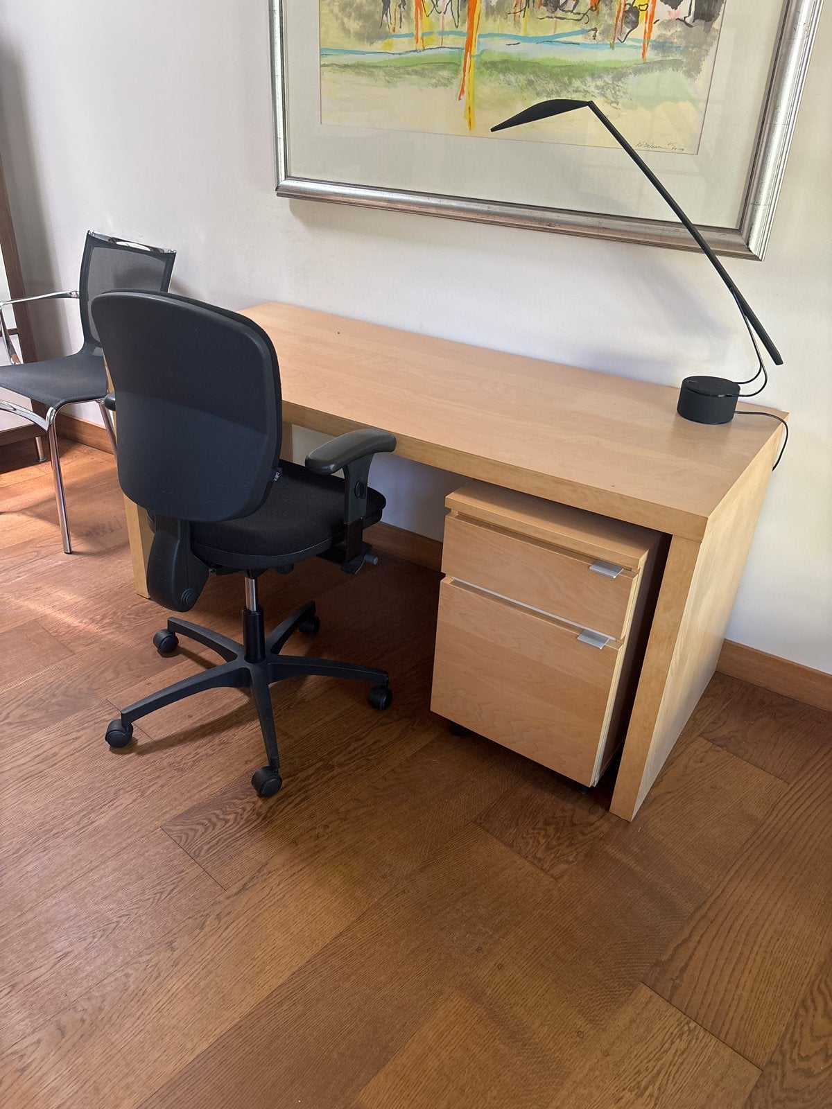 Modern houten bureau met ladeblok en bureaustoel, Huis en Inrichting, Ophalen, Gebruikt, Bruin, Overige merken