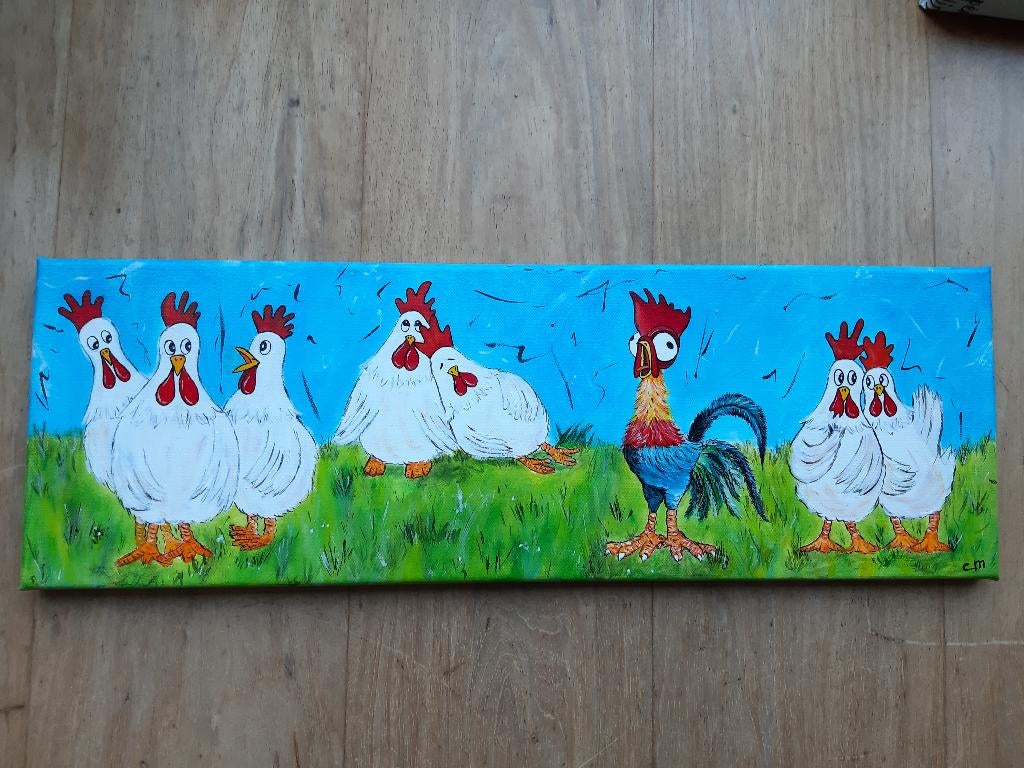 Schilderij Funny kippen en haan, 20 x 60 cm., Huis en Inrichting, Woonaccessoires | Schilderijen, Tekeningen en Foto's, Ophalen