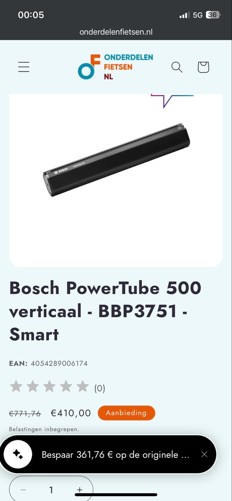 Bosch PowerTube 500 accu verticaal - BBP3751 - Smart, Ophalen of Verzenden, Zo goed als nieuw
