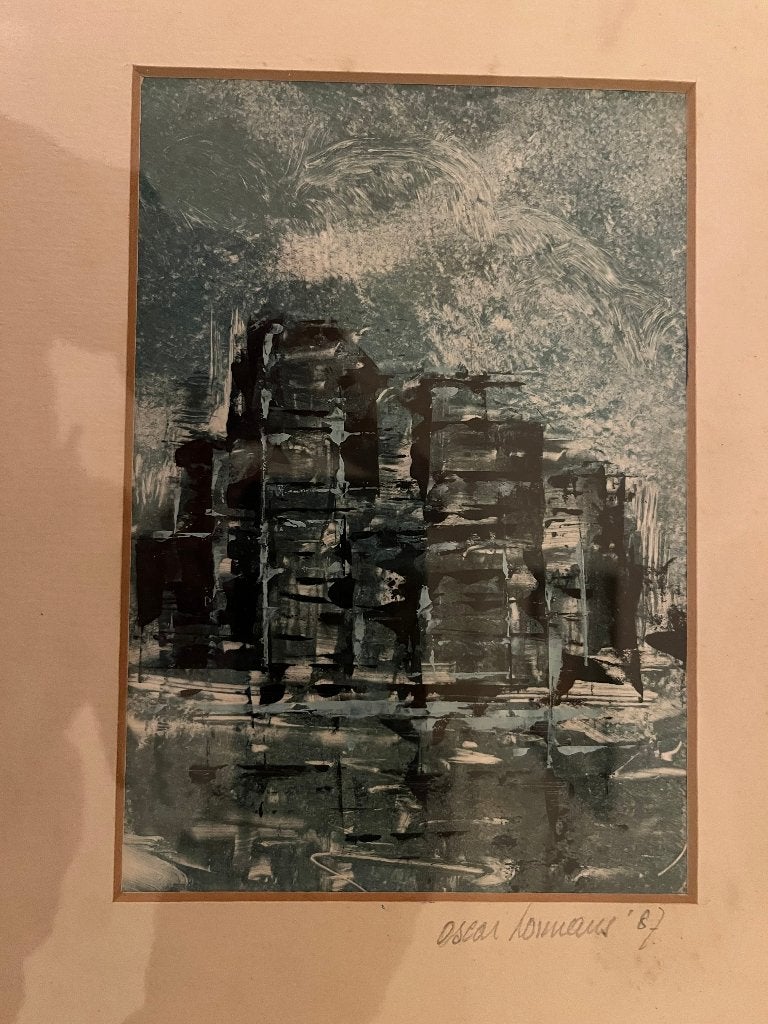 oude gesigneerde ets Oscar Lormans 1987, Antiek en Kunst, 17 cm, Architectuur, 11 cm, Met tekst