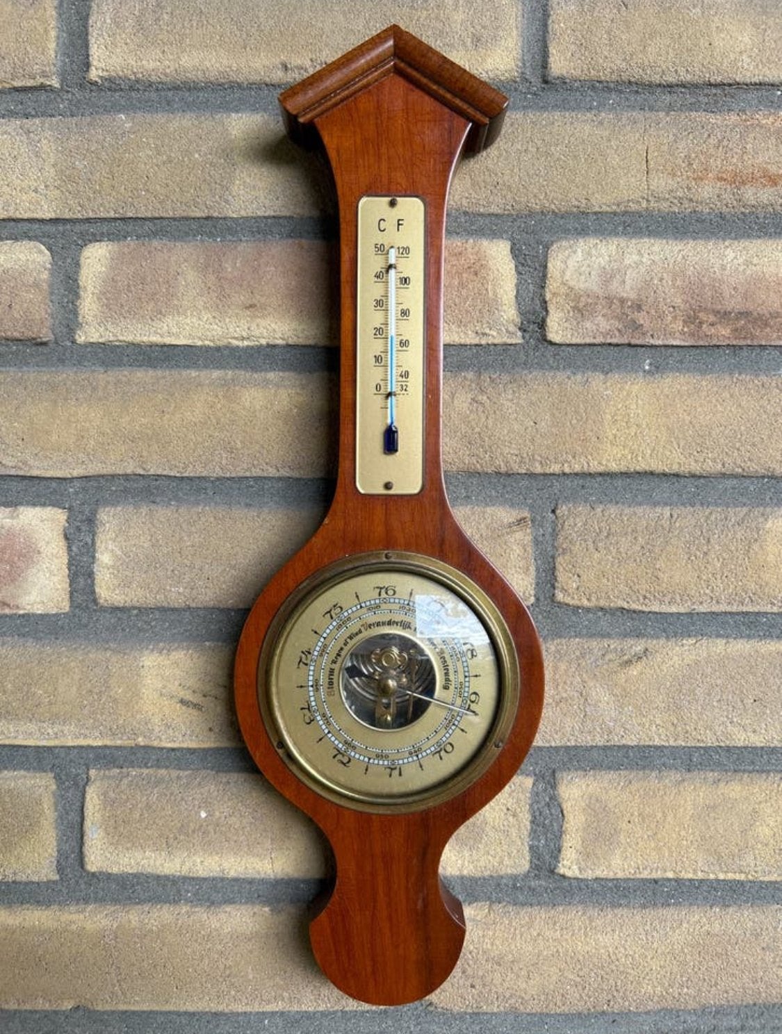 Vintage Barometer met Thermometer - Hout en Messing, Ophalen of Verzenden, Gebruikt, Barometer