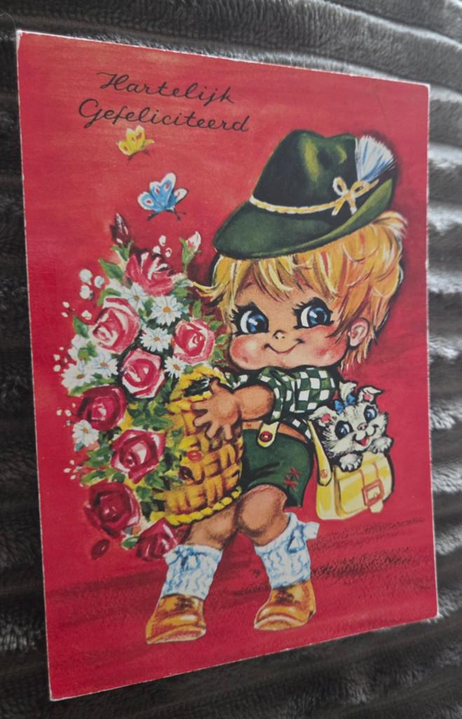 Jongen in Tiroler outfit met mandje rozen, Verzenden, 1960 tot 1980, Gelopen, Kinderen