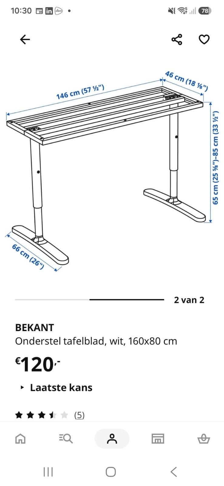 IKEA Bekant Bureau - Wit, 160x80 cm, Huis en Inrichting, Ophalen, Zit-sta bureau, Spaanplaat of MDF, Zo goed als nieuw