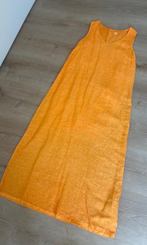 120% lino orange lange jurk 38/40, Maat 38/40 (M), Verzenden, Oranje, Zo goed als nieuw