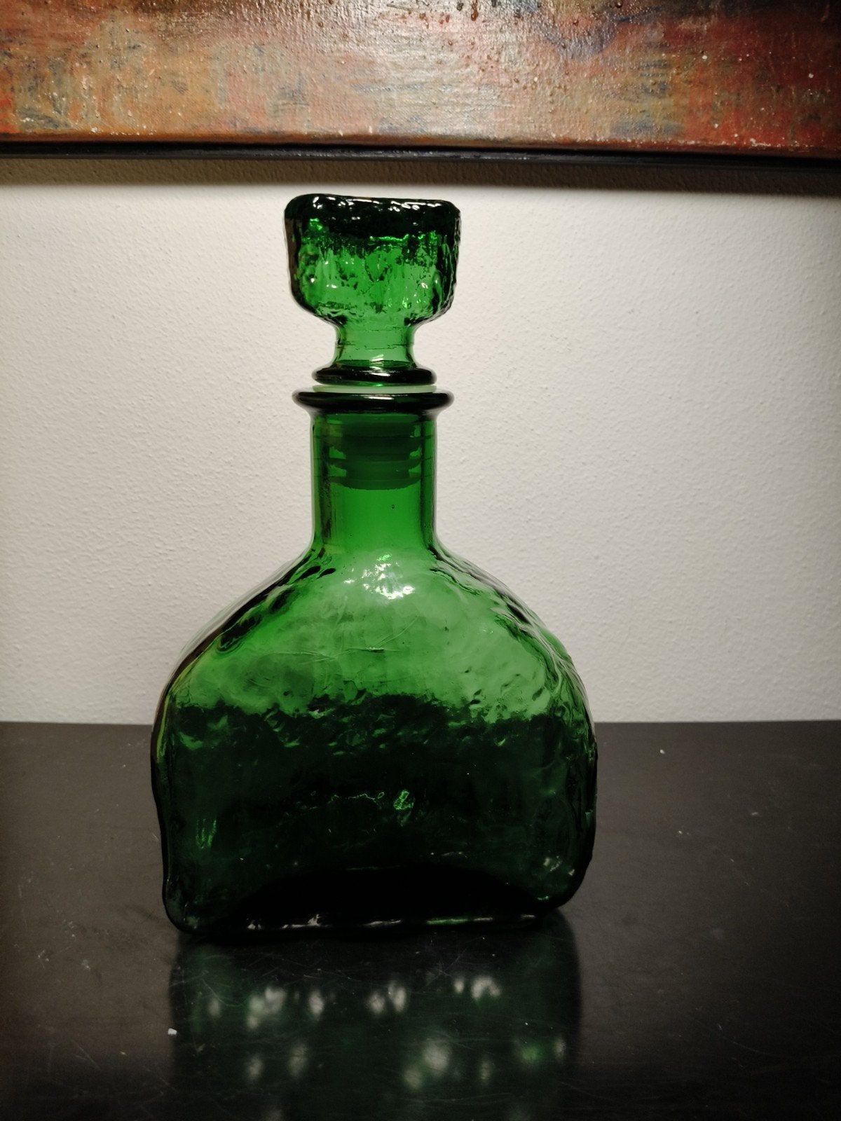 Vintage Italy Empoli karaf groen glas Boomschors structuur, Antiek en Kunst, Ophalen of Verzenden