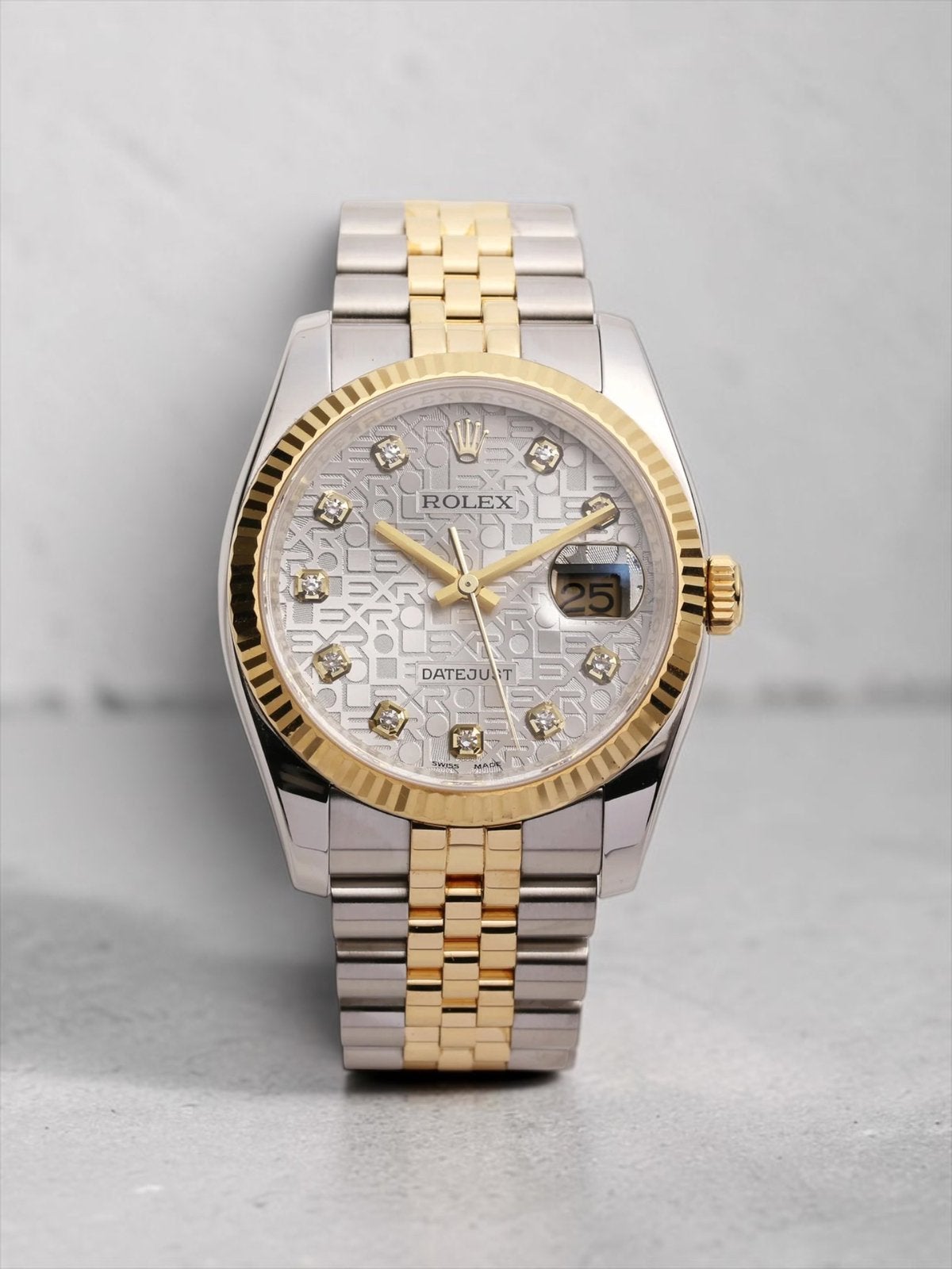 Rolex Datejust 36 Goud Staal Factory Zilveren Diamanten Dial, Staal, Rolex, Ophalen of Verzenden, Zo goed als nieuw