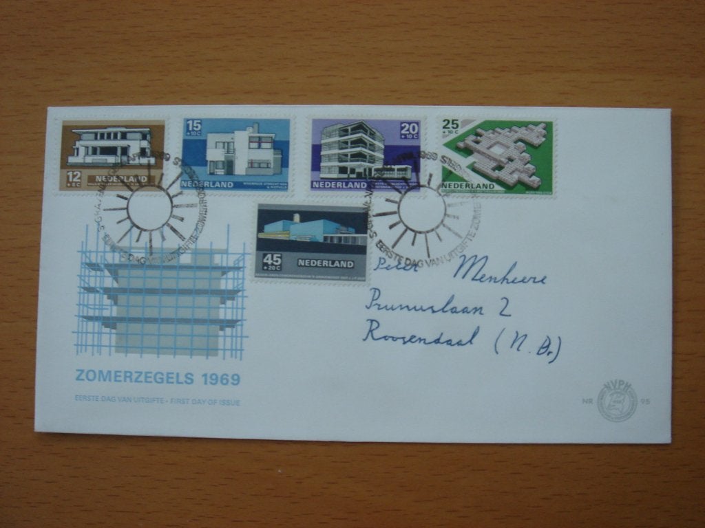 NVPH E95 1e Dag-enveloppe Zomerzegels 1969 – Architectuur, Ophalen of Verzenden, Beschreven, Nederland