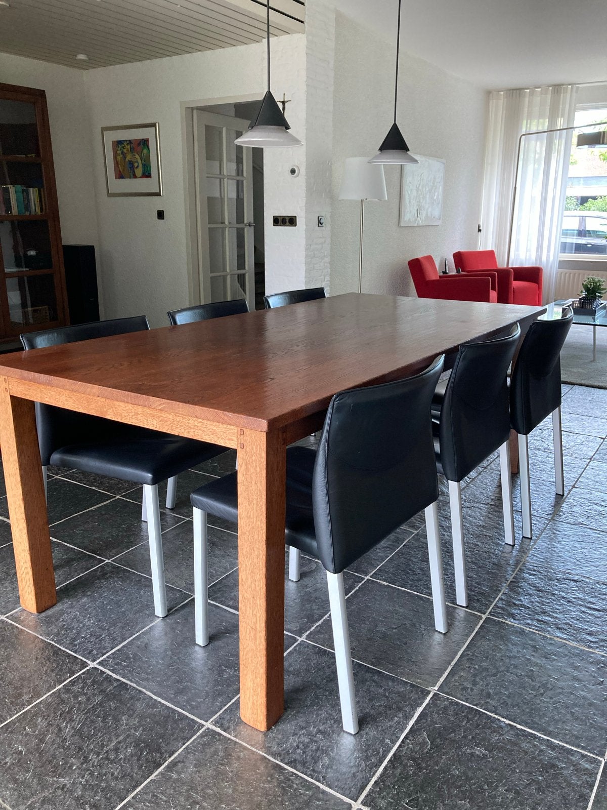 Engelse eikenhouten eettafel met 6 Leolux Myto stoelen, Huis en Inrichting, Tafels | Eettafels, Ophalen, Gebruikt, 100 tot 150 cm