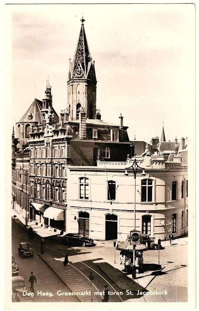 Den Haag 098, Groenmarkt met toren kerk, ongelopen,, Verzenden, 1940 tot 1960, Ongelopen, Zuid-Holland