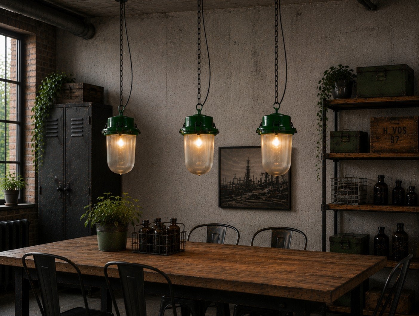 Vintage groene Sovjet Bunker hanglampen jaren 60 Sovjet-Unie, Ophalen of Verzenden, Zo goed als nieuw, Glas, Minder dan 50 cm