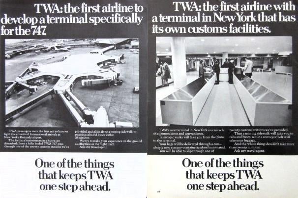 9 oude advertenties reclames TWA vliegmaatschappij 1968-72, Ophalen of Verzenden, Gebruikt, Boek of Tijdschrift