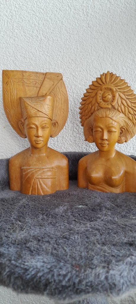 Balinees Echtpaar - Handgesneden Houten Bustes, Groep mensen, Minder dan 20 cm, Verzenden, Buste