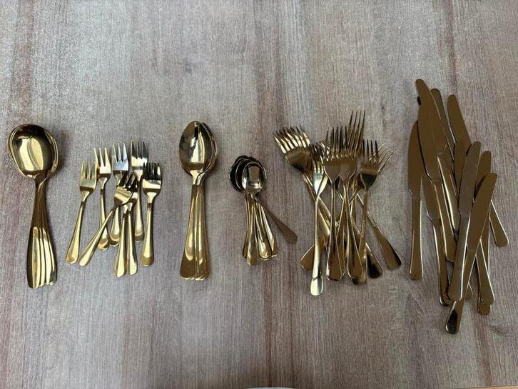 Gouden bestekset en keukengerei, Huis en Inrichting, Keuken | Bestek, Verzenden, Zo goed als nieuw, Rvs of Chroom