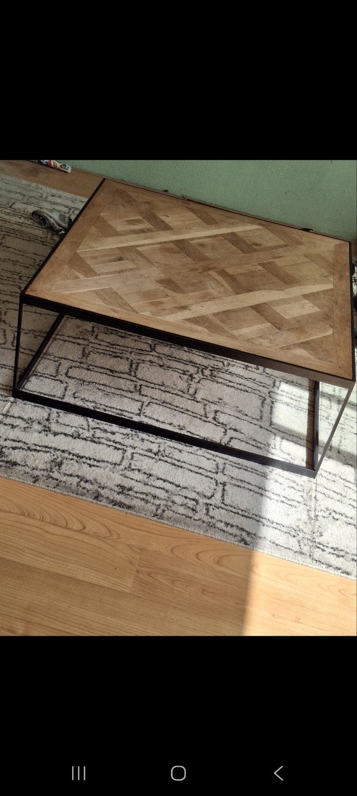 Salontafel met houten blad en metalen onderstel, Gebruikt, 50 tot 100 cm, Vierkant, Industrieel, Modern