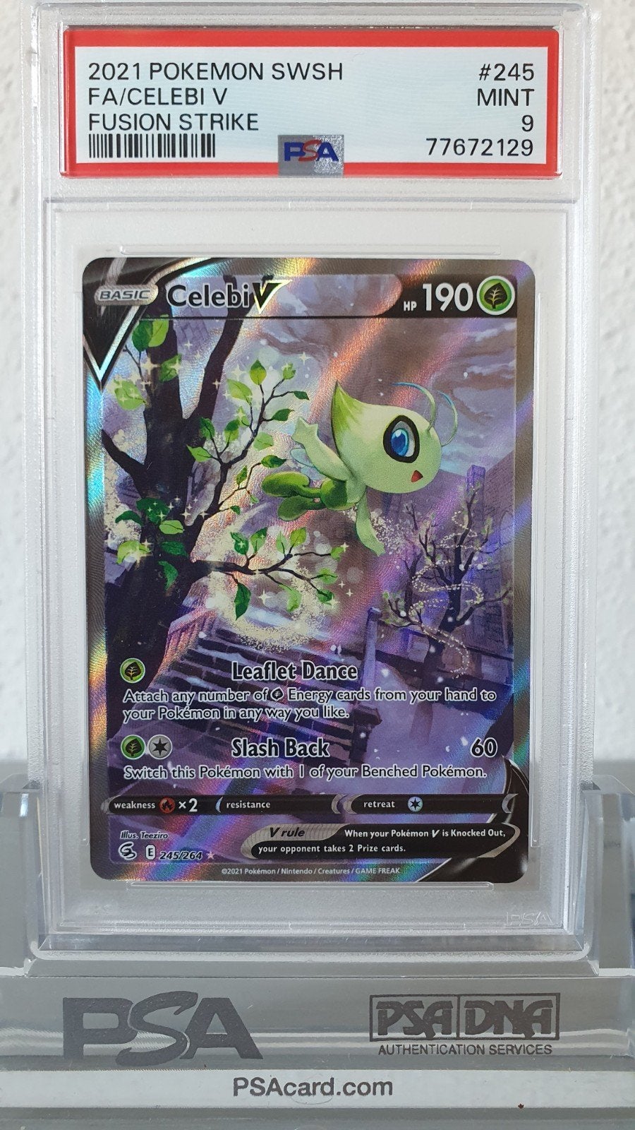 Celebi V Fusion Strike PSA 9 Full Art #245 2021 Pokemon, Ophalen of Verzenden, Nieuw, Losse kaart, Foil