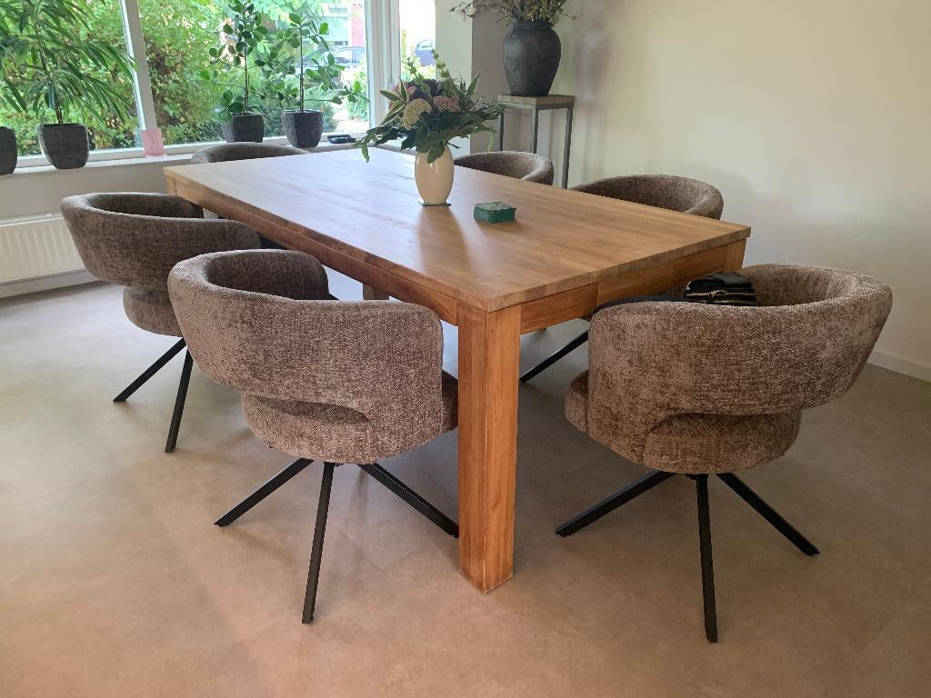 Prachtige modern-teakhouten eetkamertafel, Ophalen, Teakhout, 200 cm of meer, 50 tot 100 cm