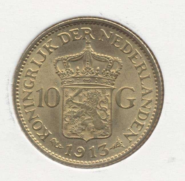 Nederland 10 Gulden 1913 Wilhelmina, Ophalen of Verzenden, Goud