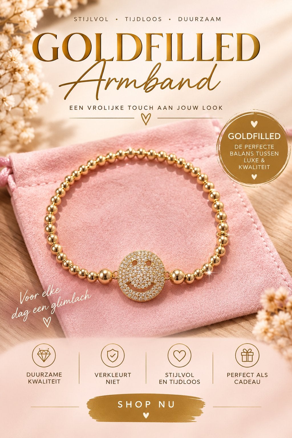 Goldfilled Smiley armband ziconia, Nieuw, Ophalen of Verzenden, Goud, Goud