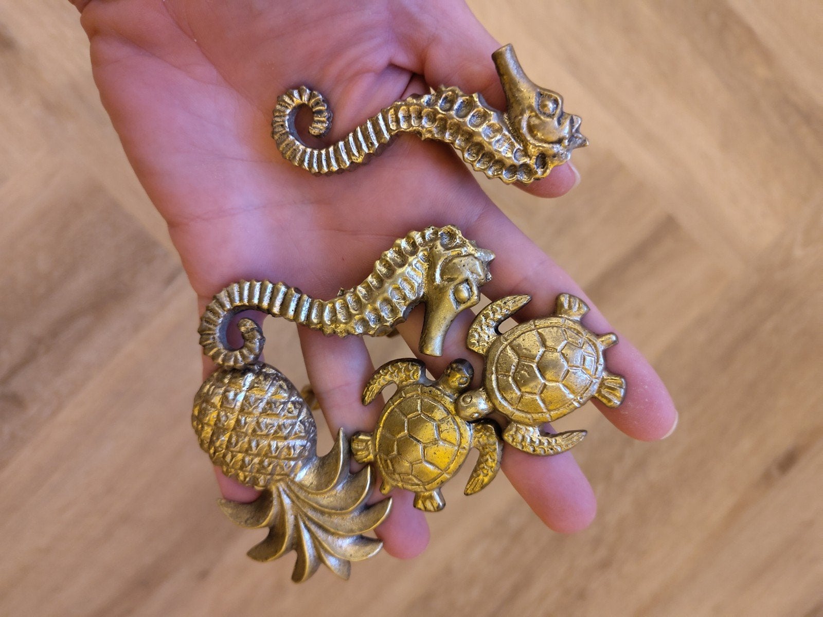 5x Messing ladeknoppen zeedieren/tropisch, Ophalen, Gebruikt
