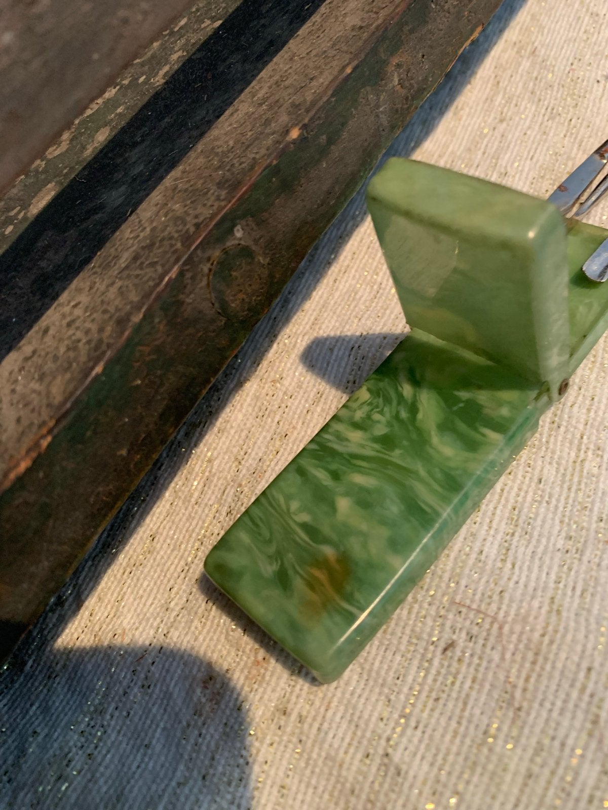Art Deco Celluloid Nagelsetje in Groen Marmerlook, Antiek en Kunst, Curiosa en Brocante, Ophalen of Verzenden