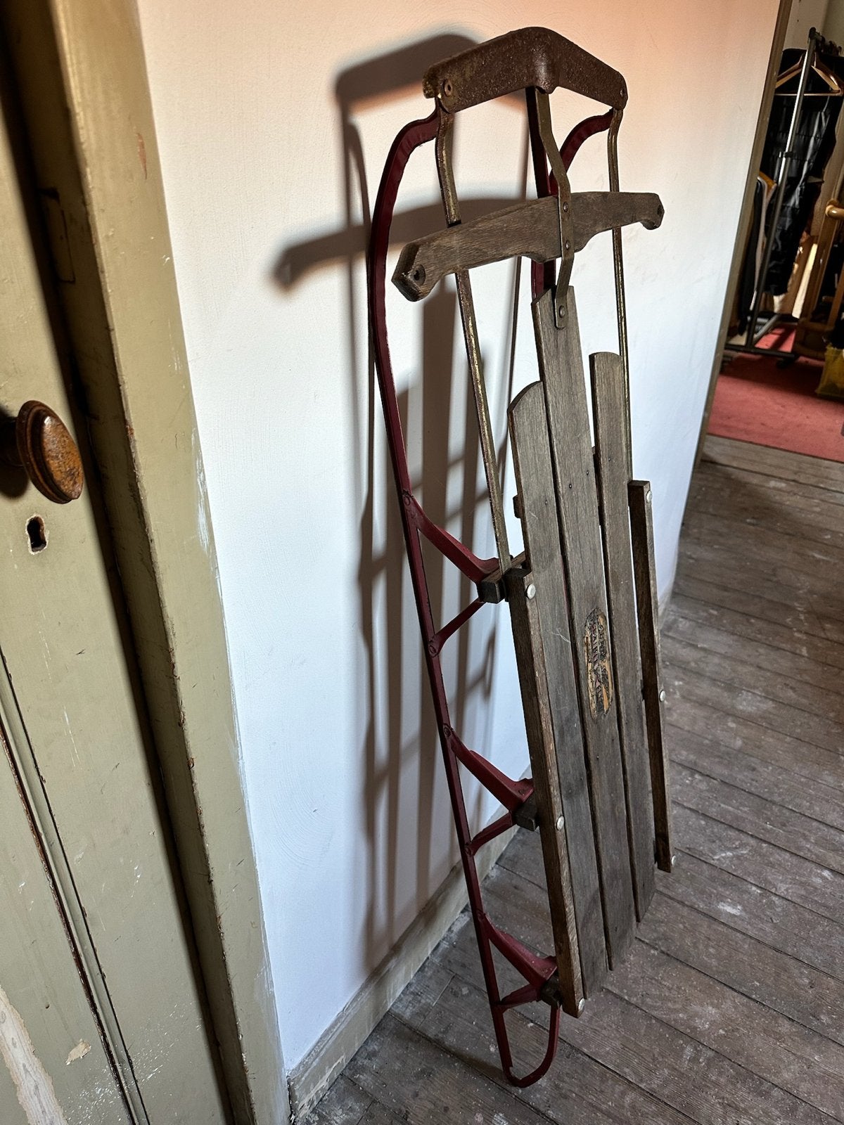 Vintage houten slee met metalen frame, Ophalen of Verzenden, Gebruikt, Hout