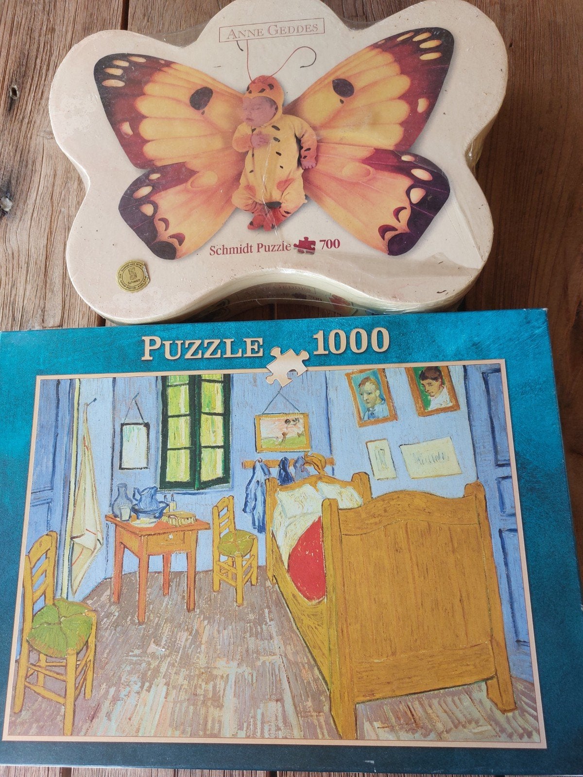 2 Legpuzzels: Van Gogh en Anne Geddes (1000 en 700 stukjes), Ophalen of Verzenden, 500 t/m 1500 stukjes, Gebruikt, Legpuzzel