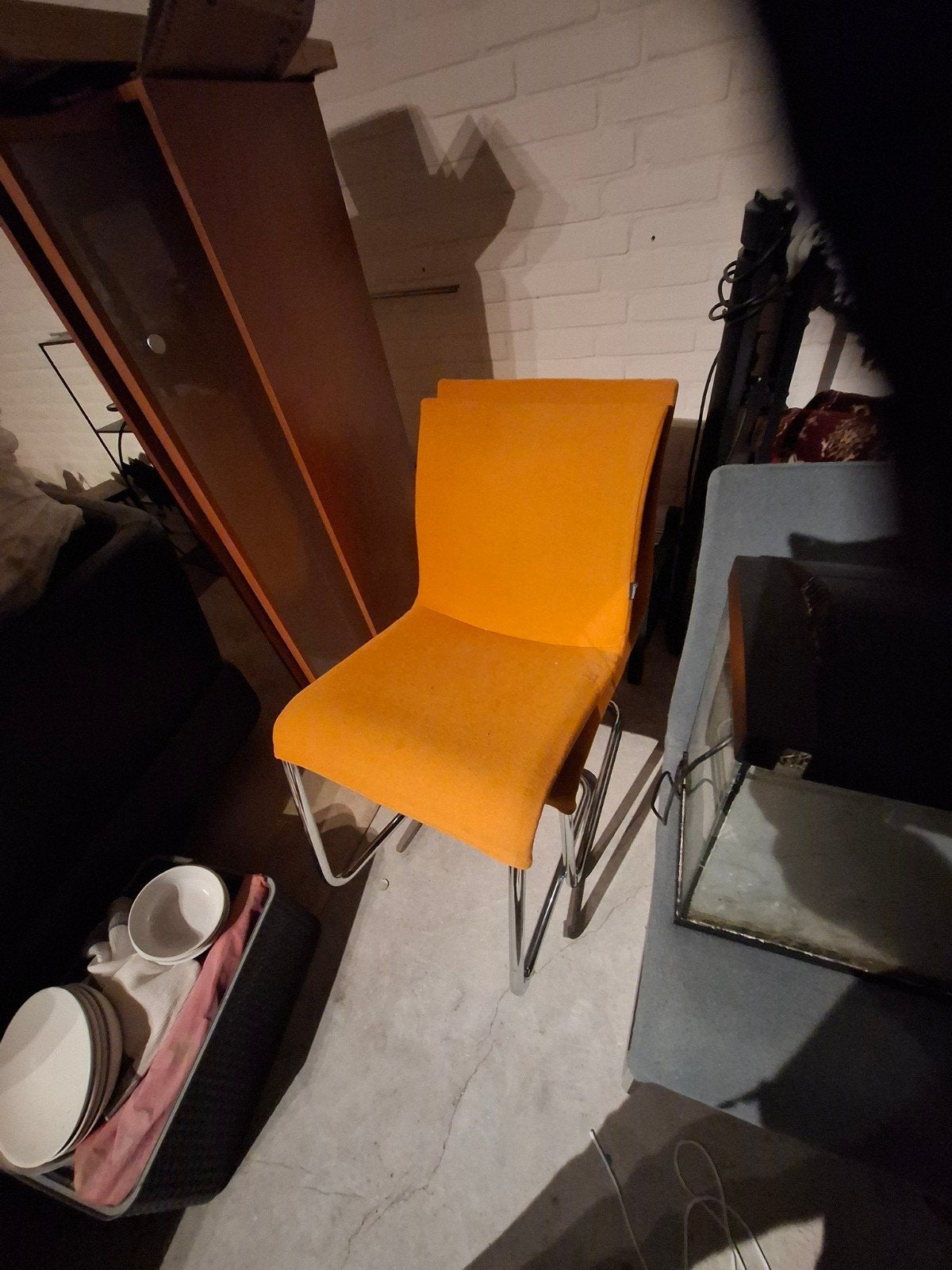 4 Gelderland stoelen: 2 oranje, 2 grijs, wollen bekleding, Gebruikt, Overige kleuren, Ophalen of Verzenden, Vier