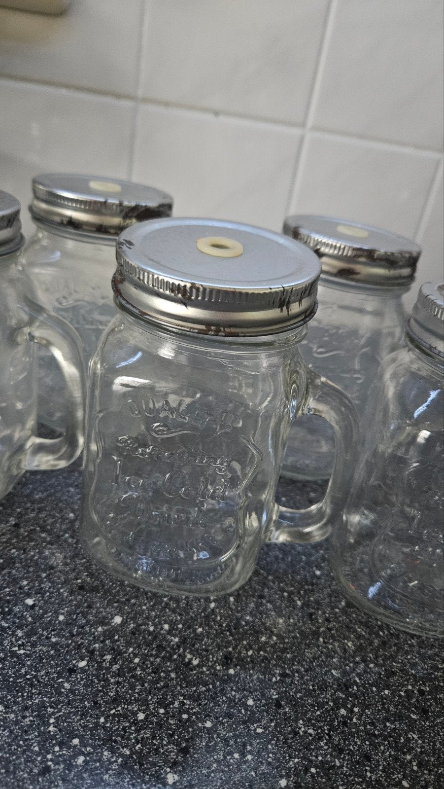 Set van 5 glazen drinkbekers met handvat en deksel, Ophalen of Verzenden, Overige merken, Glas, Overige typen
