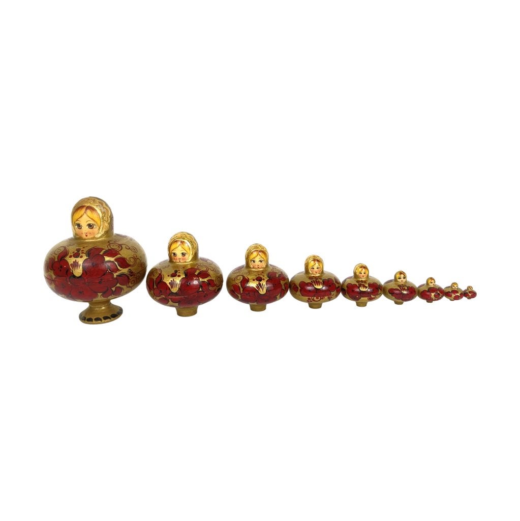 Houten matroesjka pop - 9-Delig - Rusland - Rood/goud
