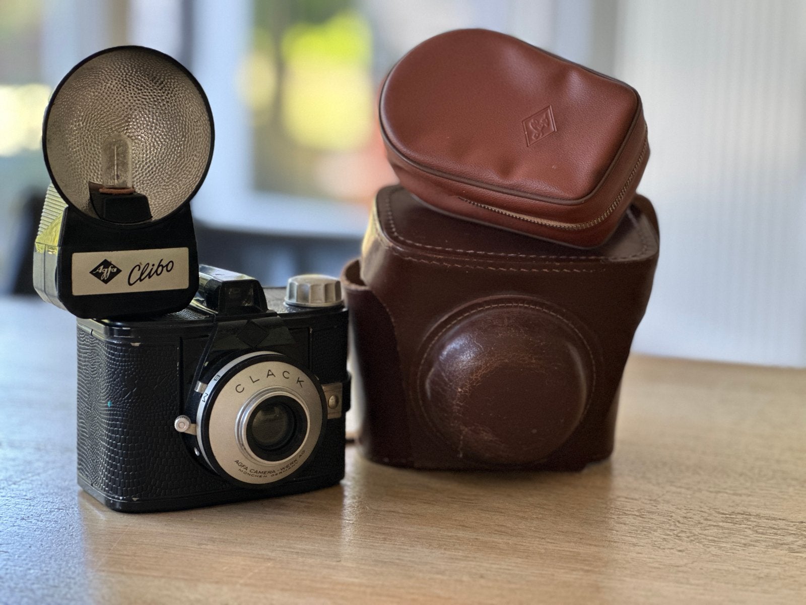 Vintage Agfa Clack camera met Clibo flitser en lederen tas, Ophalen, Gebruikt, Compact, Overige Merken
