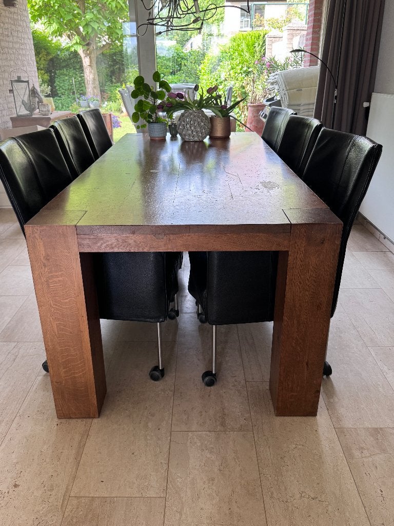 Massief eiken eettafel, Huis en Inrichting, Tafels | Eettafels, Gebruikt, 50 tot 100 cm, 200 cm of meer, Vijf personen of meer
