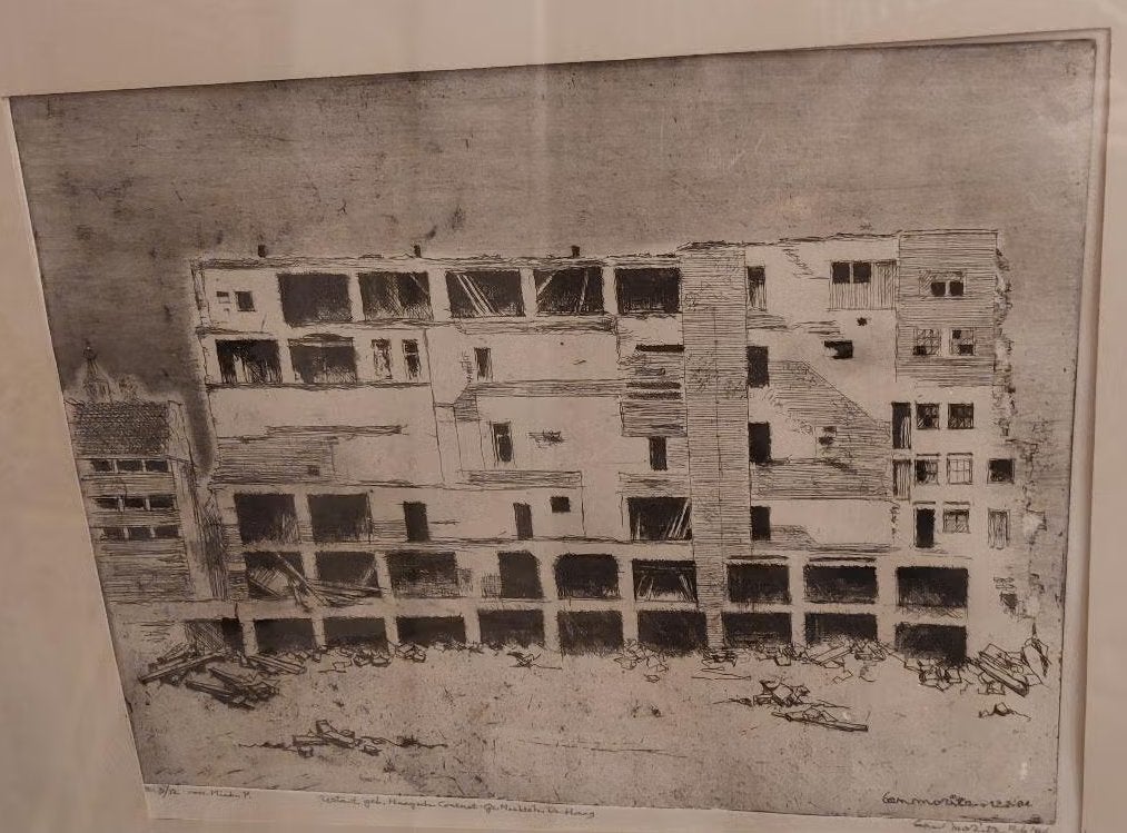 Ets Ben Moritz (1906-2000) Afbraak Den Haag, Antiek en Kunst, Kunst | Etsen en Gravures, Ophalen, Stadsgezicht, Ingelijst, 1950 - 1999