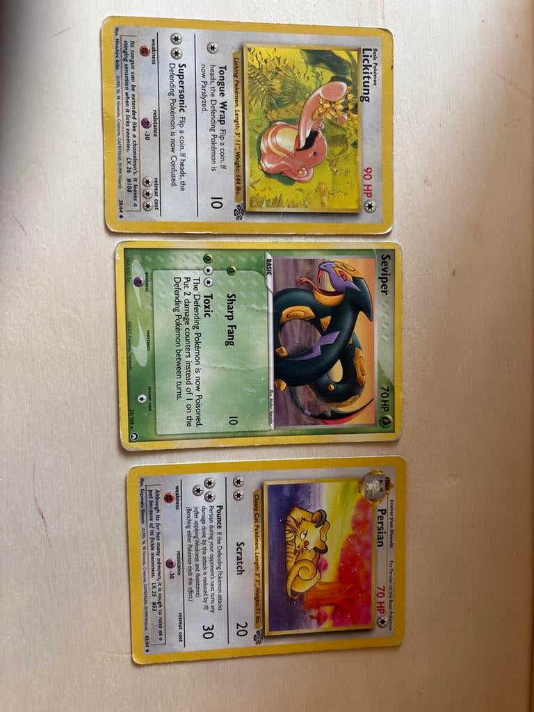 Pokémon Kaarten: Lickitung, Seviper, Persian (3 stuks), Ophalen of Verzenden, Zo goed als nieuw, Meerdere kaarten