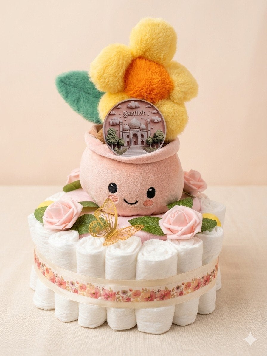 Luiertaart met schattige bloempot, Kinderen en Baby's, Kraamcadeaus en Geboorteborden, Nieuw, Kraamcadeau, Ophalen of Verzenden
