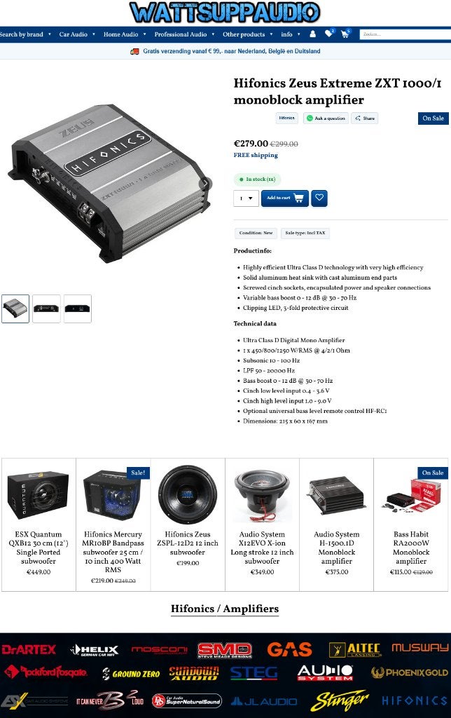 Hifonics Zeus Extreme ZXT 1000/1 Monoblok versterker, Audio Design, Nieuw, Am Breilingsweg 3, 76709 Kronau, Duitsland, Ophalen of Verzenden