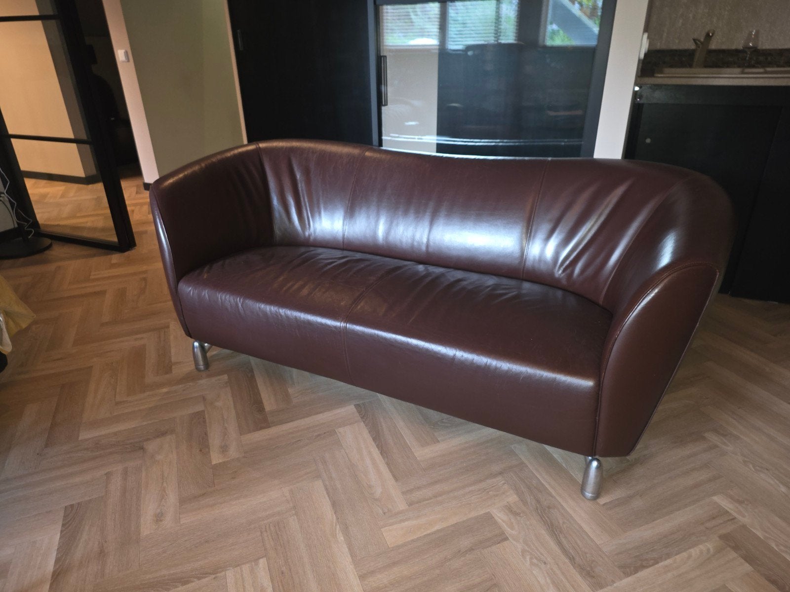 Leolux Pupilla 2,5-zits bruin leren designbank, Ophalen, Gebruikt, 150 tot 200 cm, Driepersoons