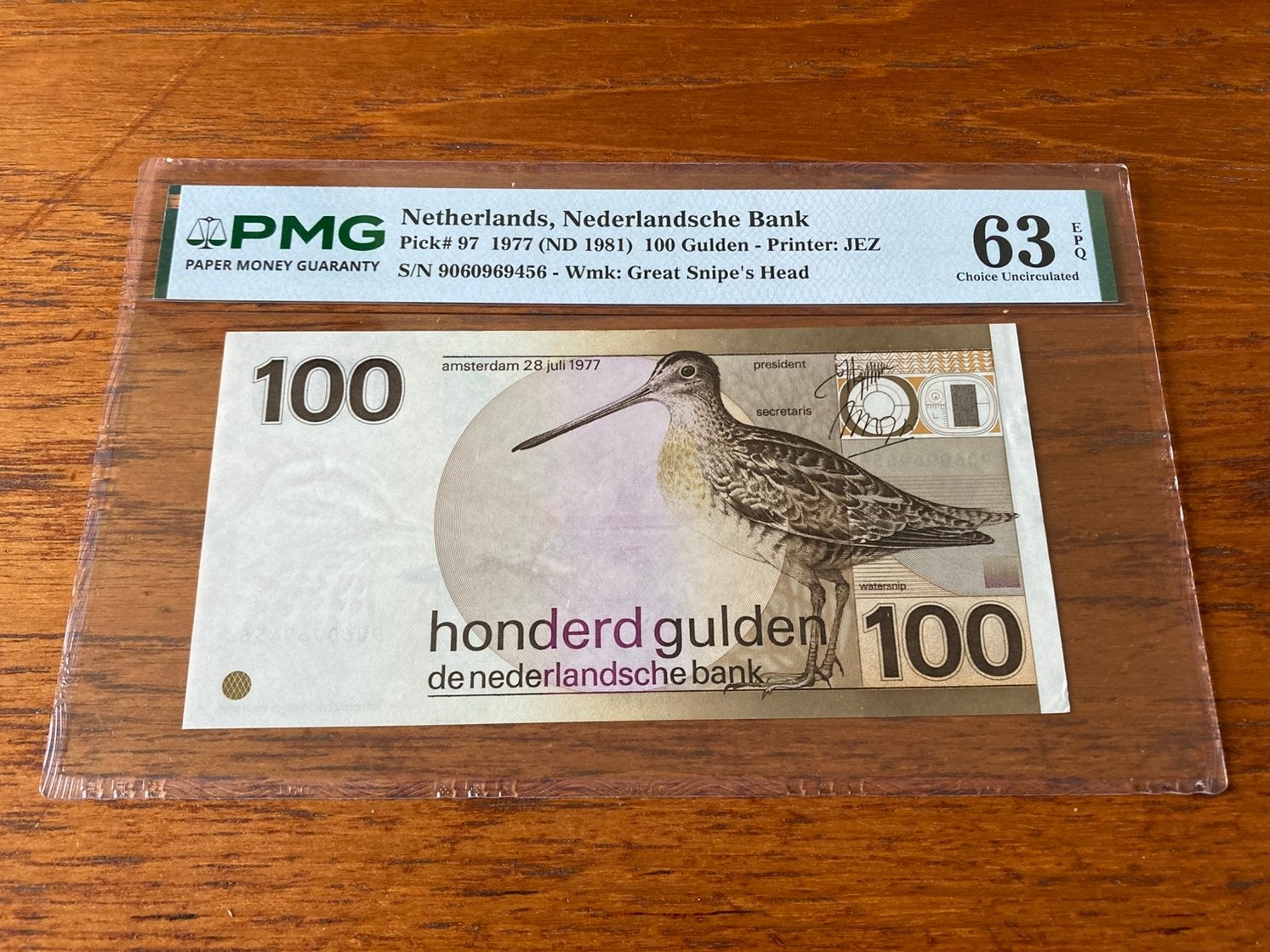 100 Gulden Snip 1977 PMG 63 EPQ, Ophalen of Verzenden, 100 gulden, Los biljet